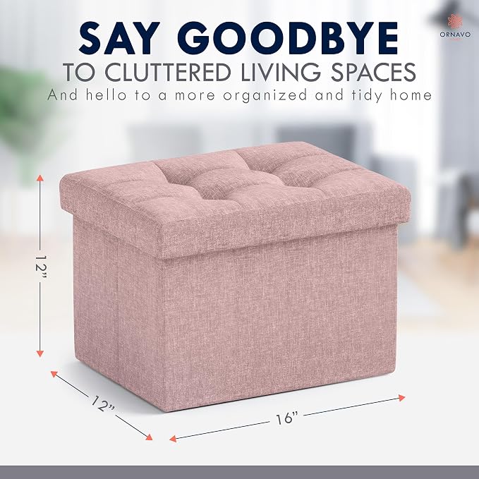 Ornavo Home Small Rectangle Storage Ottoman, Foldable Linen, 12x16x12, Pink | Collapsible Cube Design; Foot Rest Stool Seat; Ideal for Living Room, Bedroom, Home Office or Dorm
