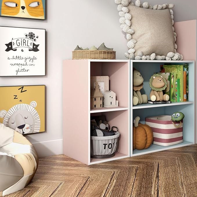 Homes: Inside + Out Apexa 2-Cube Storage Organizer Shelves, Stackable Wood Bookcase Fits Cubby Bins for Organization, Dorm Teen Room Decor & Home Office, Light Pink