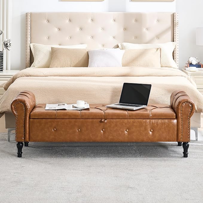 Storage Bench 67" Faux Leather End of Bed Benches Brown | King Size Storage Bench for Bedroom with Rolled Arms Tufted Ottoman Benches Upholstered Bench for Living Room Entryway
