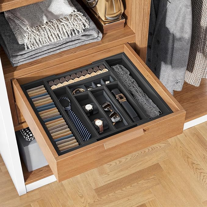 Pipishell Bamboo Expandable Drawer Organizer for Utensils Holder, Adjustable Cutlery Tray, Wood Drawer Dividers Organizer for Silverware, Flatware, Knives in Kitchen, Bedroom, Living Room(M-Black)