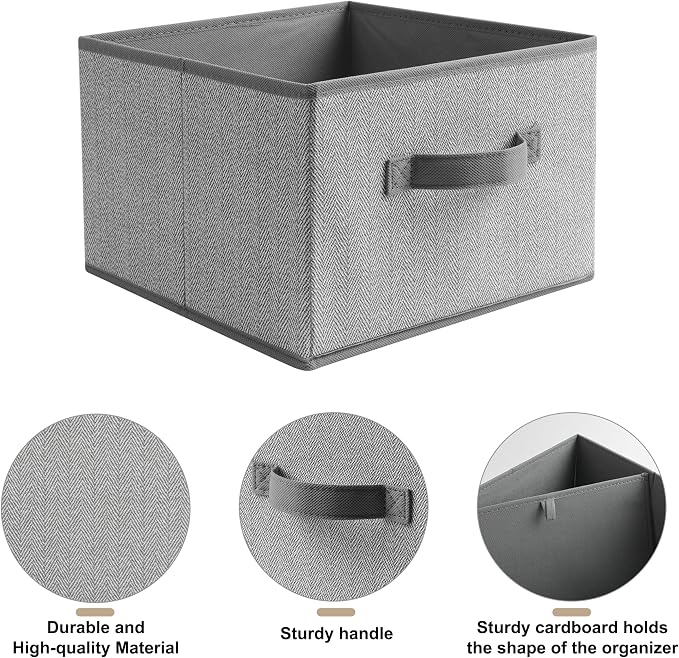 11 inch Storage Baskets, Woven Fabric Bins, Storage Cubes with Reinforced Handles, Organizer Bins for Closet Shelves, Foldable, for Clothes (Gray, 2PCS/11*11*7.8inch)