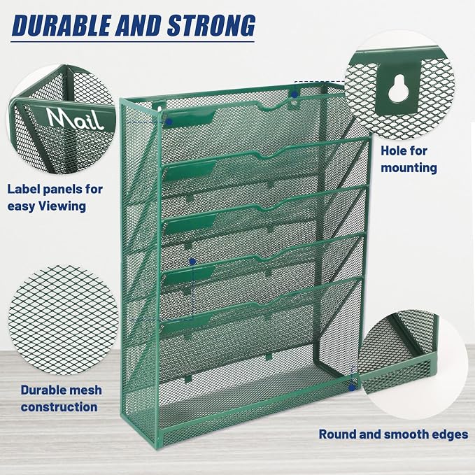 EASEPRES 6 Tier Desk File Organizer, Mesh Hanging Wall Mount Document Organization Stand, Desktop Vertical Mail Paper Folder Holder Rack with Bottom Tray for Office Cubicle, Sides Closed, Dark Green