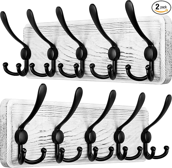 SKOLOO Rustic Wall Mounted Coat Rack, 16" Stud Spacing, Wood Coat Rack Wall Mount with 5 Triple Hooks, Farmhouse Coat Hanger Wall Mount for Hanging Backpack Jacket Coat Hat, Pack of 2