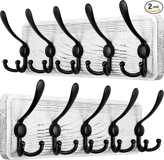 SKOLOO Rustic Wall Mounted Coat Rack, 16" Stud Spacing, Wood Coat Rack Wall Mount with 5 Triple Hooks, Farmhouse Coat Hanger Wall Mount for Hanging Backpack Jacket Coat Hat, Pack of 2