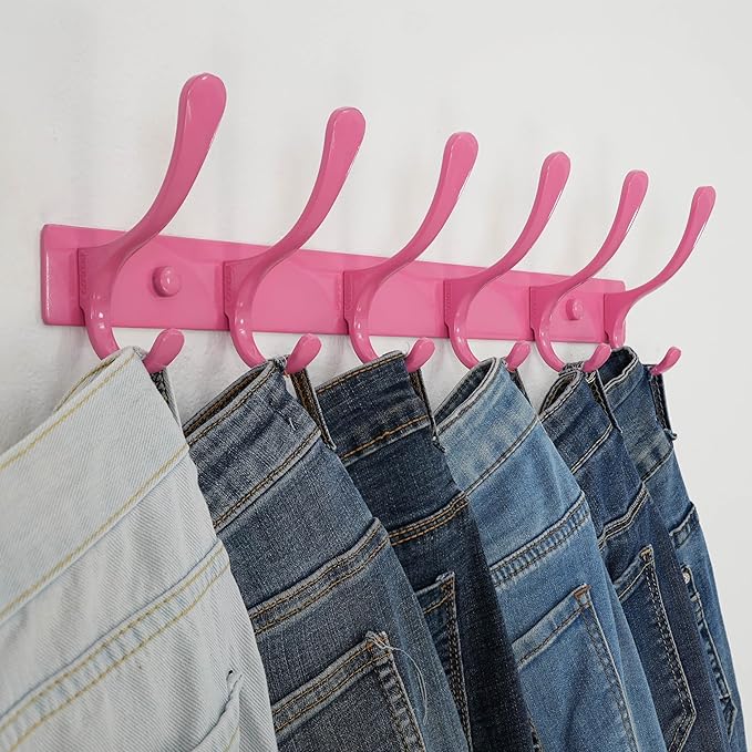 SKOLOO Wall Mounted Coat Rack - 6 Hooks, Pack of 2, Heavy Duty, Stainless Steel, Metal Wall Hanger, Sturdy Coat Hooks for Hanging Coats, Jackets, Clothes, Hats - Pink
