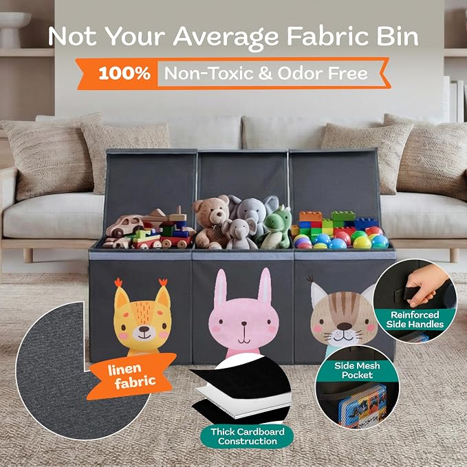 SoftOwl Extra Large Toy Storage Organizer with Lid - Sturdy, Collapsible Toy Chest Storage Box with Cute Design - Toys Bin with Dividers for Kids, Boys, Girls, Nursery, Bedroom, Play room 37"x16"x14"