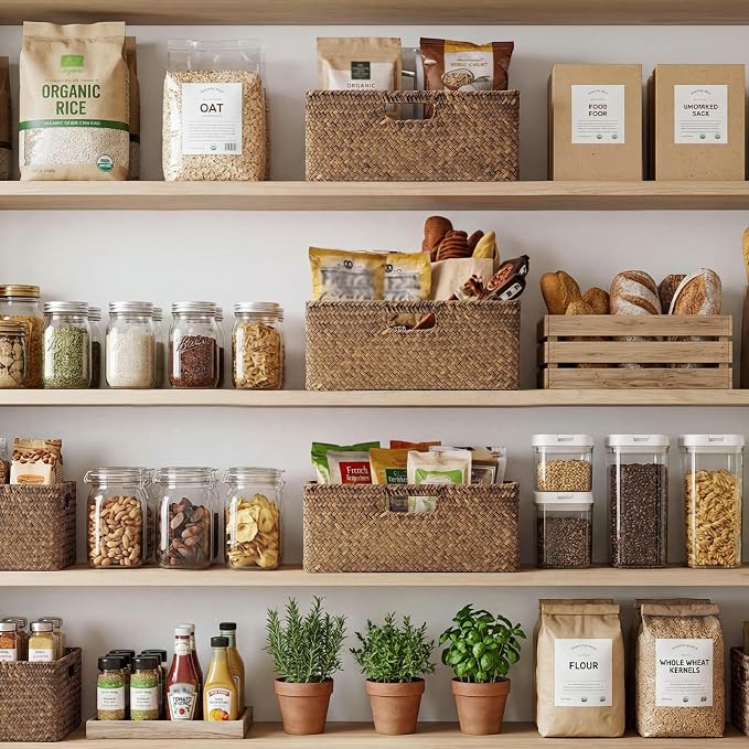 StorageWorks Large Wicker Baskets for Storage, Woven Baskets for Storage | Seagrass, Pantry Shelves, Kitchen Closet, Laundry, Bathroom, Table, Decorative, Book, Towel, Blanket, Toy, Medium, Handle
