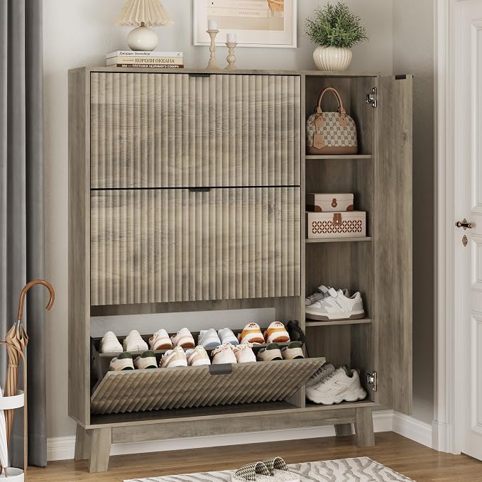 Xixini Shoe Cabinet with 3 Flip Drawers, 54" Tall Narrow Fluted Shoe Storage Organizer for Entryway, Hidden Wooden Shoe Rack with Adjustable Side Cabinet for Front Door Entrance, Hallway, Light Grey
