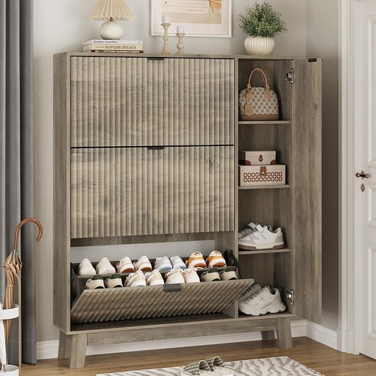 Xixini Shoe Cabinet with 3 Flip Drawers, 54" Tall Narrow Fluted Shoe Storage Organizer for Entryway, Hidden Wooden Shoe Rack with Adjustable Side Cabinet for Front Door Entrance, Hallway, Light Grey