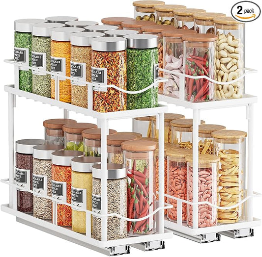 Bunoxea Pull Out Spice Rack 2 Pack,Slide Out Cabinet Spice Rack,White | 2-Tier Rack, Full Extension Ball Bearing Glides, 10.7"Dx4.8"Wx8.85"H, Kitchen Pantry,Narrow Cabinet Spice Storage Organizer