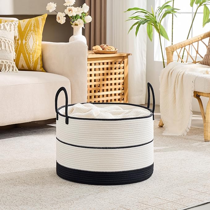 KAKAMAY Large Blanket Basket with Handles, Storage Basket for Living Room | Extra Large Capacity | Natural Cotton Rope | Blanket Storage | Woven Storage Basket | Stuffed Animal Storage | Laundry Basket