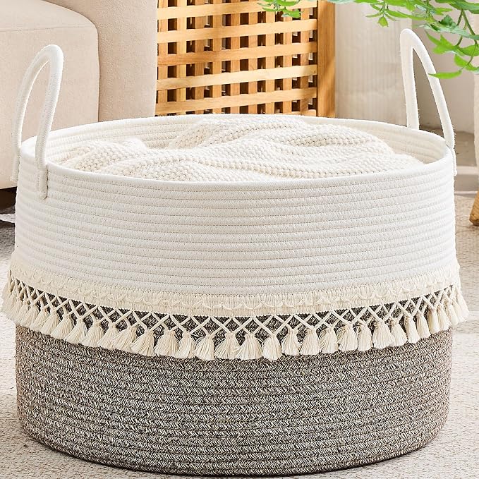 KAKAMAY Large Blanket Basket with Handles, Storage Basket for Living Room | Extra Large Capacity | Natural Cotton Rope | Blanket Storage | Woven Storage Basket | Stuffed Animal Storage | Laundry Basket