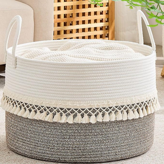 KAKAMAY Large Blanket Basket with Handles, Storage Basket for Living Room | Extra Large Capacity | Natural Cotton Rope | Blanket Storage | Woven Storage Basket | Stuffed Animal Storage | Laundry Basket