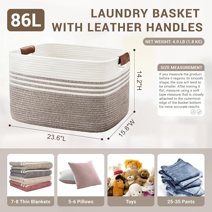 86L Woven Laundry Basket Hamper with Leather Handles,Dark Brown | collapsible wicker hamper, storage for dirty clothes, toys, blankets, gifts, living room, bedroom, bathroom, 24"x16"x14"