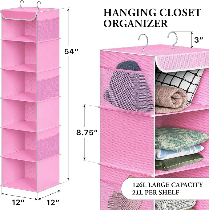 Simple Houseware 6 Shelf Hanging Closet Organizer, Pink | 360° Rotating Dual Hooks, Top Support Metal Frame, 6 Side Mesh Pockets