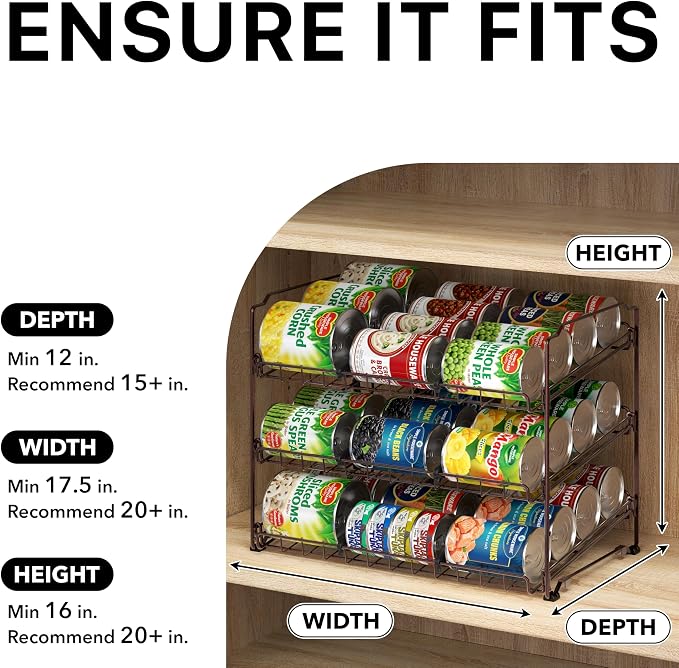 Simple Houseware 3-Tier Stackable Can Organizer Rack Hold 36 Cans, Bronze | Can Food Storage Dispenser for Pantry/Cabinet, Adjustable Dividers – 11.5" D x 17" W x 13.75" H