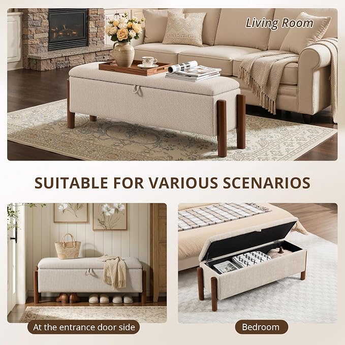 47'' Modern Storage Ottoman Benches with Walnut Wood Legs Ottoman Bench with 22 Gallons Storage Space Fabric Upholstered Seating End of Bed Bench for Bedroom for Livingroom Beige