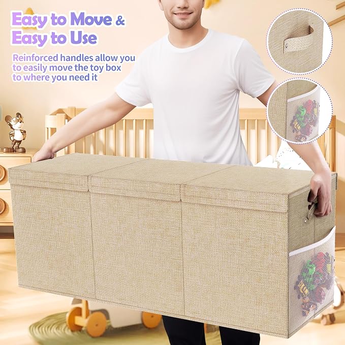 Extra Large Toy Box, Collapsible Toy Storage Organizer, 40"x16"x16", Beige | Sturdy Kids Toys Bin Chest with 2 Mesh Pockets and Dividers for Boys Girls, Bedroom & Living room Toy Organization
