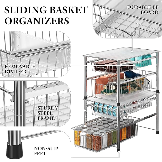Simple Houseware Stackable 2 Tier Sliding Basket Organizer Drawer, Chrome