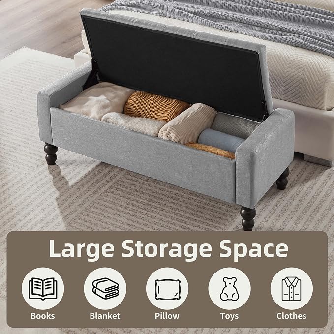 50" W Storage Ottoman Bench with Safety Hinge, Load up to 660 lb Ottoman with Storage, Upholstered Tufted Entryway Bench with Seating for Living Room, Bedroom, Light Gray