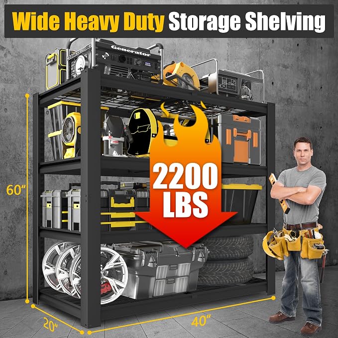PrimeZone 40" W Heavy Duty Garage Shelving 2200 LBS 4 Tier Storage Shelves | Adjustable Industrial Metal Wire Shelf Utility Rack for Garage,Basement,Pantry,Warehouse,40" W X 20" D X 60" H 4Pack
