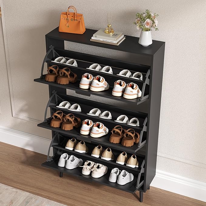BORNOON Shoe Cabinet for Entryway with 3 Flip Drawers, Slim Wooden Shoe Storage Organizer with Modern Fluted Pannel，Freestanding Narrow Hidden Shoe Rack for Hallway, Foyer, Living Room