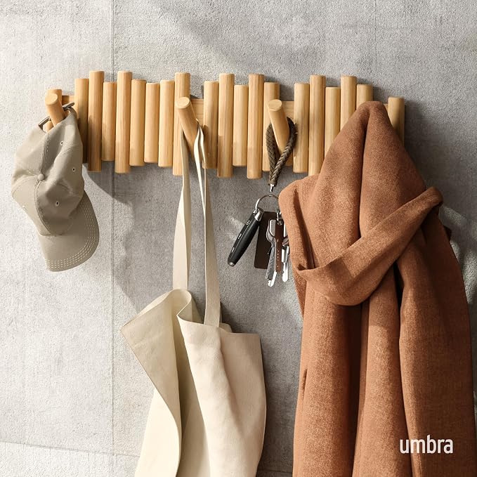 Umbra Picket Coat Rack with 8 Hooks – Natural Wall-Mounted Coat Rack with Flip-Down Wooden Hooks, Real Pine Wood Decorative Wall Storage for Jackets, Hats, Scarves, Bags, Entryway, Bedroom Living Room