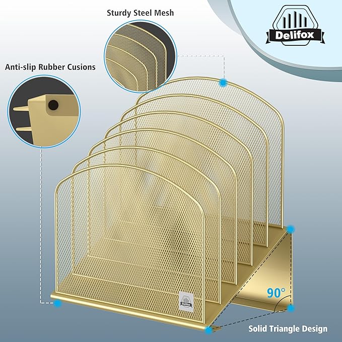 Delifox Inclined Desk File Organizer,Vertical File Folder Holder Stand Metal Rack File Sorter for Office Classroom Desktop Organization (2, Gold, 5)