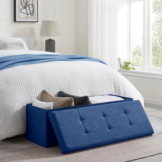 Ornavo Home 43 Inch Folding Extra Large Storage Bench, Linen, Navy Blue | Upholstered Tufted Ottoman with Lid; Foot Rest Stool; Ideal for Bedroom, Living Room or Entryway