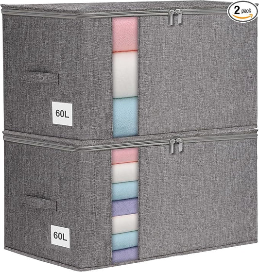 punemi 60L Sturdy Comforter Storage Bag, 2 Pack, Grey | Sturdy Sides & Bottom, Zipper & 2 Handles, for King/Queen Comforters, Quilts, Duvets, Pillows, Bedding & Clothes