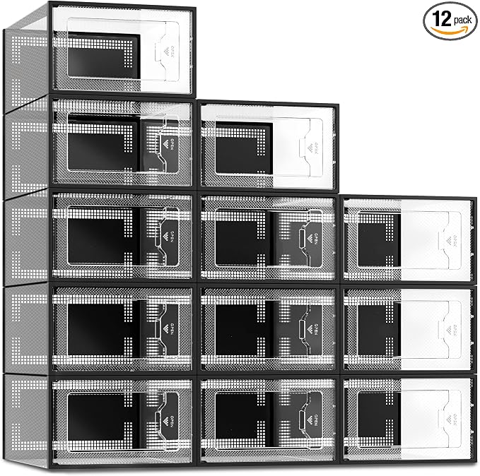 SEE SPRING 12 Pack Shoe Storage Box, Clear Plastic Stackable Shoe Organizer for Closet, Space Saving Shoe Rack for Entryway Sneaker Container Bin Holder (Black)
