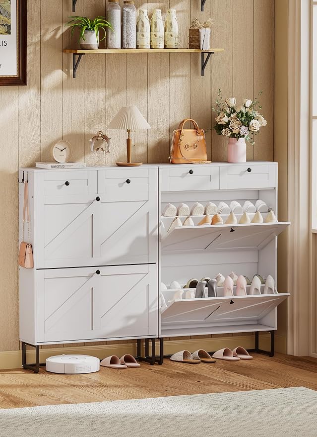 Shoe Storage Cabinet with 2 Flip Drawers & 2 Fabric Drawers, Farmhouse Hidden Shoe Organizer Cabinet with Adjustable Panel and Hooks, Narrow Slim Shoe Cabinets for Entryway, Hallway, Porch