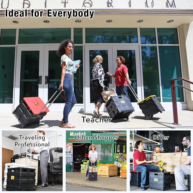 dbest Products Quik Cart Standard Collapsible Rolling Crate - Black | with Wheels, Roll Up to 80 lbs Capacity, Heavy Duty Plastic Construction, Telescoping Handle, Foldable Utility Cart
