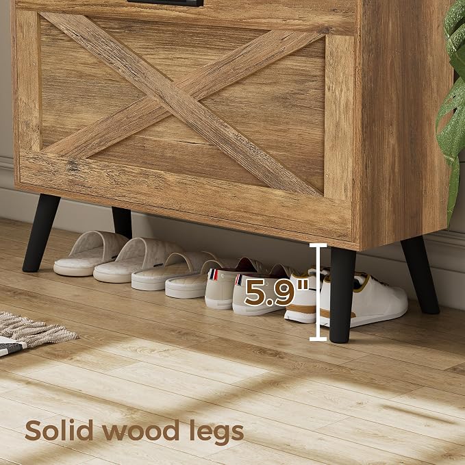 Homleke Farmhouse Shoe Storage Cabinet with Flip Drawers & Barn Door Design | Slim Narrow Shoe Rack Cabinet with Adjustable Shelves & Hidden Storage for Entryway, Hallway, Living Room, Rustic Walnut