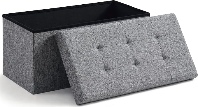 Ornavo Home 30 Inch Folding Storage Ottoman Bench, Tufted Linen, Gray | Upholstered Large Ottoman with Lid; Foot Rest Stool; Ideal for Bedroom, Living Room or Entryway