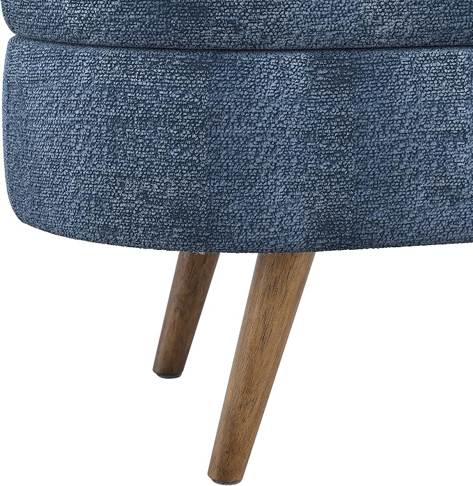43.5” Storage Ottoman Bench，Upholstered Oval End of Bed Bench for Bedroom | Modern Linen Ottoman with Storage, Entryway Foot Rest with Wooden Leg, Lift-Top Lid with Safety Hinge, Living Room, Dark Blue