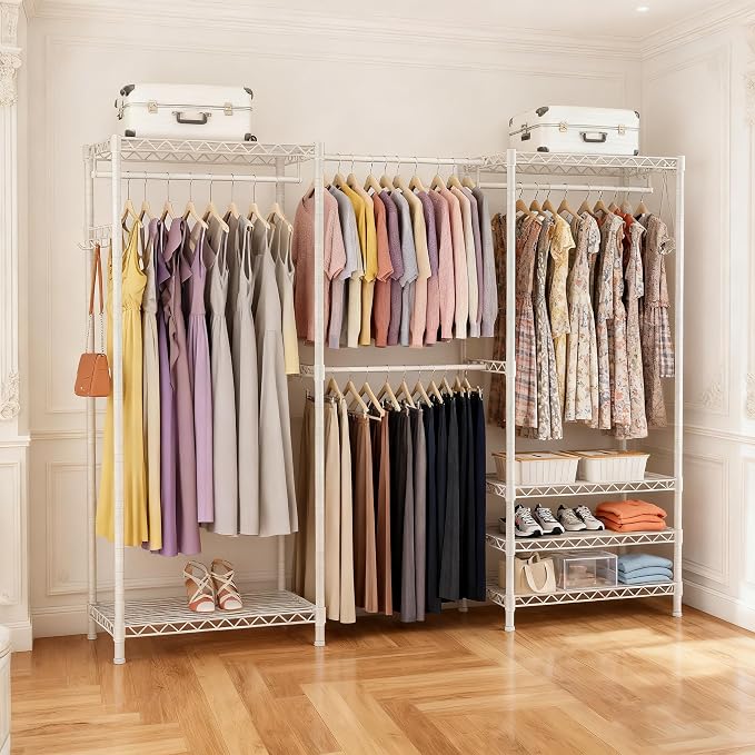 Heavy Duty Clothing Rack with Adjustable Shelves Clothes Wardrobe | Coat Rack Metal Closet Organizer and Storage Garment Rack for Hanging Clothes Wire Portable Cloth System Free Standing White