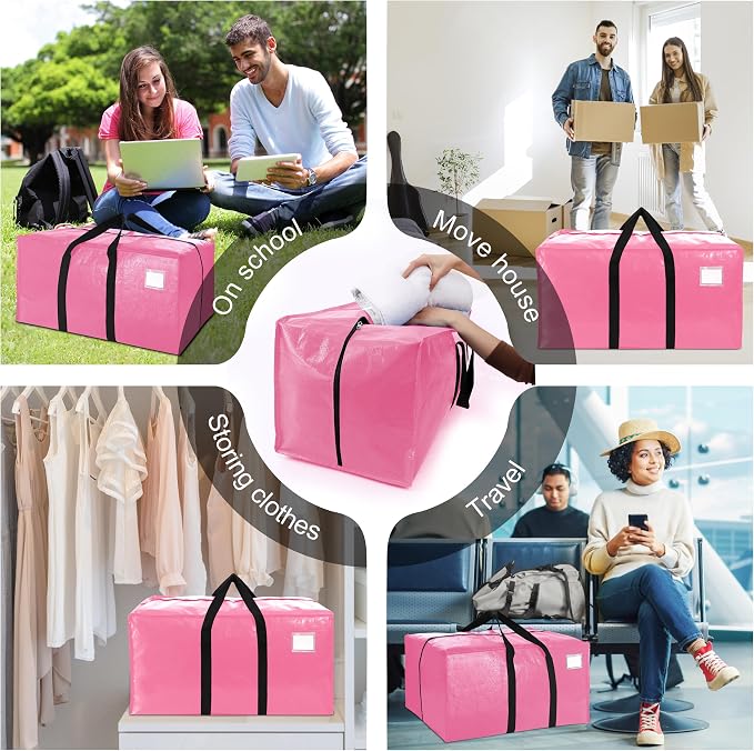 VELVETSURE 12 Pack Heavy Duty Large Moving Bags W/Backpack Straps - Strong Handles & Zippers, Storage Totes For Space Saving, Fold Flat, Alternative to Moving Box and Storage Bin, Pink