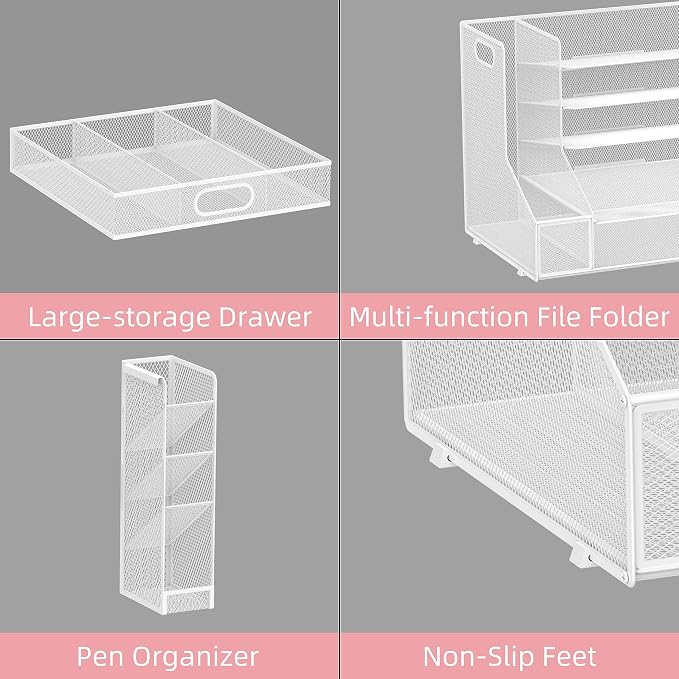 Desk Organizer with 5 Tier File Holder and Sliding Drawer Pen Holder White | Paper Letter Tray with 3 Tilted File Sorters to Keep Desk Accessories and Office Supplies within Reach