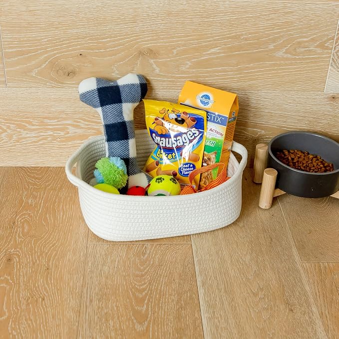NaturalCozy 5-Piece Rectangle Storage Basket Set- Natural Cotton Rope Woven for Organizing! Small Basket for Montessori, Baby Nursery, Dog Toy Baskets, Cat Toy Box, Bathroom Organization Bin