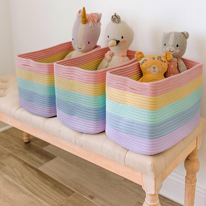 OrganiHaus Rainbow Baskets for Shelves, Set of 3, 15x9x10 | Colorful, handwoven cotton rope; a toy bin for playroom, classroom, or girls' room decor; great for nursery too