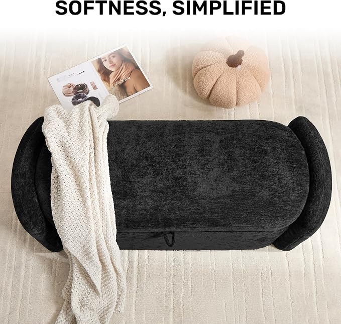 Oval Ottoman Bench with 20 Gal of Storage Space Upholstered Chenille Seat End of Bed Storage Bench Storage Ottoman with Storage for Bedroom, Living Room, Entryway, Window (Black)