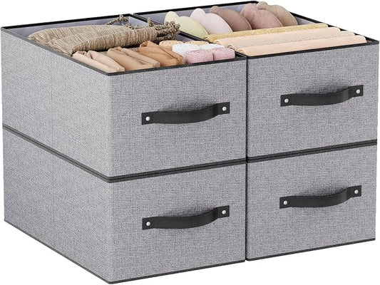 Storage Baskets with Handles,16.1×9.8×6.5In,Gray Boxes,4Pack | Storage Bins for Shelves,Foldable Clothing Drawer Organizer,Closet Containers for Home,Office,Large Fabric Cubes