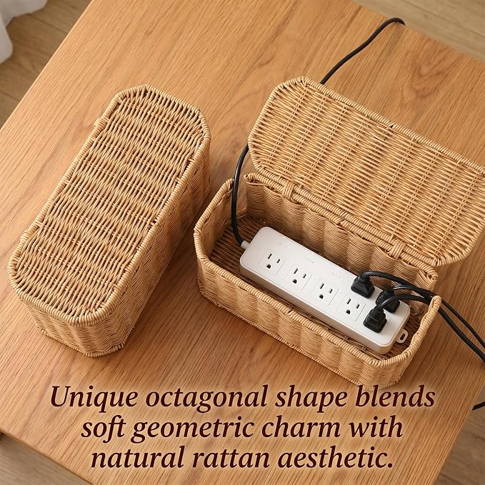 Rattan Cable Management Box, Cord Organizer to Hide Cords & Power Strip | Metal framed handwoven rattan, ventilated to dissipate heat. Octagonal design & dual rear cable slots, boho home office decor