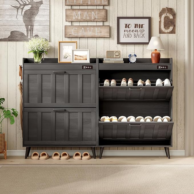 ChooChoo Shoe Storage Cabinet with 2 Flip Drawers and Deodorizer | Shoe Organizer Storage for Entryway, Freestanding Hidden Slim Narrow Shoe Rack Cabinet, Black