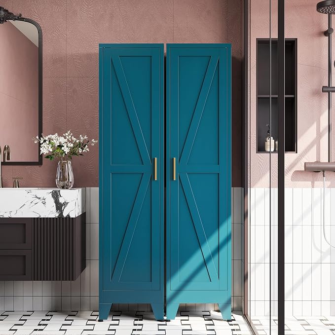 67“H Blue Narrow Kitchen Cabinet, Metal Skinny Pantry Storage Cabinet,Tall Narrow Bathroom Storage Cabinet with Adjustable Shelves,Slim and Thin Pantry Cabinets for Living Room Dining Room