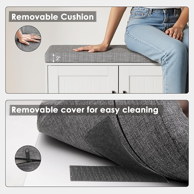 3-Tier Shoe Storage Bench with Adjustable Shelf, Large Capacity Entryway Shoe Bench with Thickened Padded Seat Cushion and 3 Doors for Entry, Bedroom, Hallway (White,42.5 * 14in)
