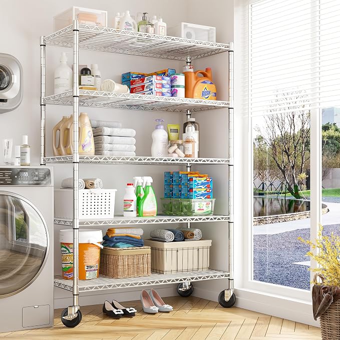 REIBII 72.8" Wire Shelving with Wheels,5 Tier 1653LBS Heavy Duty Shelves | Chrome rolling rack, 331 lbs/shelf, 5-tier, lockable wheels, rust-proof, adjustable height, tool-free, garage, kitchen