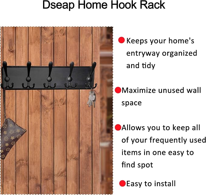 Coat Rack Wall Mounted - 5 Tri Hooks, Heavy Duty, Wooden Wall Coat Hanger Coat Hook for Clothes Hat Jacket Clothing, Black, Pack of 2