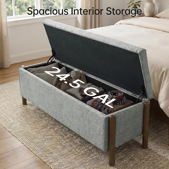 Usaint Wooden Storage Ottoman Bench, 47" Fabric Upholstered End of Storage Bench with Rubberwood Legs, Entryway Bench with Storage for Bedroom, Living Room, Reception, Cloakroom, Grey